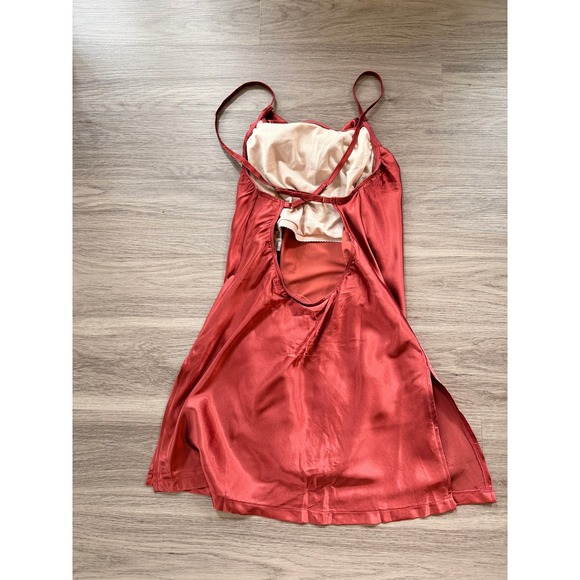 Rust Copper Satin Slip Mini Dress Built-in Bodysuit Side Slit Womens XS Y2K 90's - Picture 6 of 12